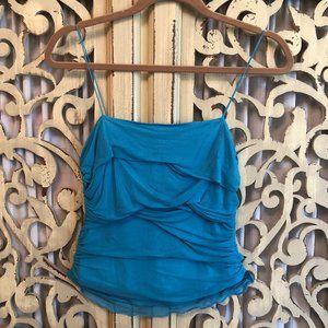XS Max Studio ruched silk mesh spaghetti tank blue